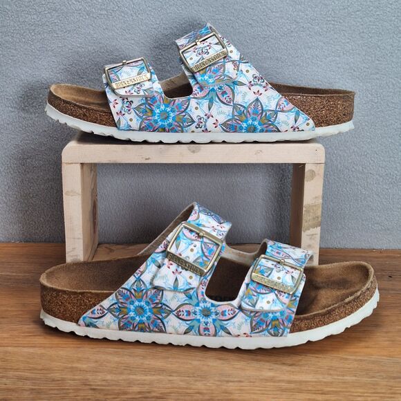 Birkenstock Arizona Sandals Women 9 9.5 EU 40 Narrow Blue Floral Boho Flower - Picture 4 of 10